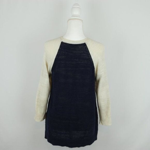 Madewell Women's Medium Blue Cream Linen Blend Raglan Sleeve Scoop Neck Sweater - Picture 3 of 8